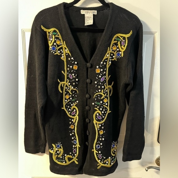 Victoria Jones Sweaters - 80’s Victoria Jones Embroidered Beaded Embellished Black Gold Cardigan Fran Fine